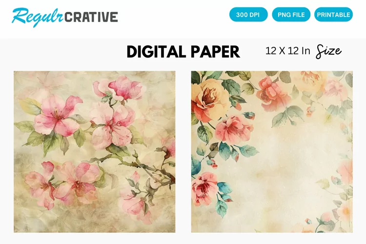 Vintage Watercolor Floral Digital Paper, Floral Background