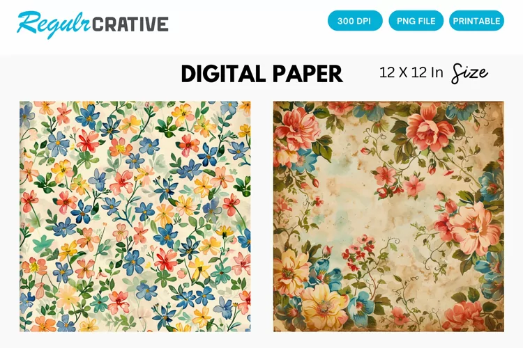 Vintage Watercolor Floral Digital Paper, Floral Background
