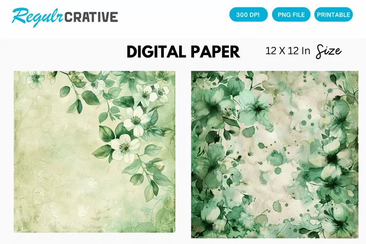 Vintage Watercolor Green Flower Digital Paper