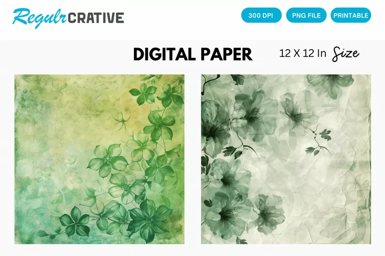 Vintage Watercolor Green Flower Digital Paper