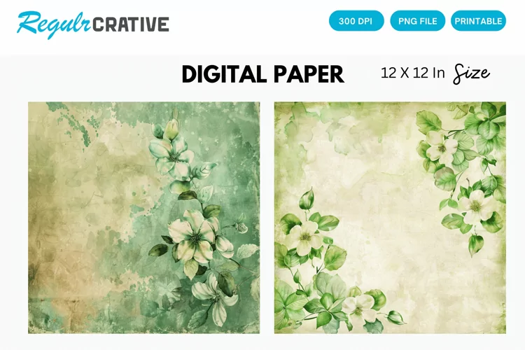 Vintage Watercolor Green Flower Digital Paper