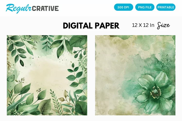 Vintage Watercolor Green Flower Digital Paper