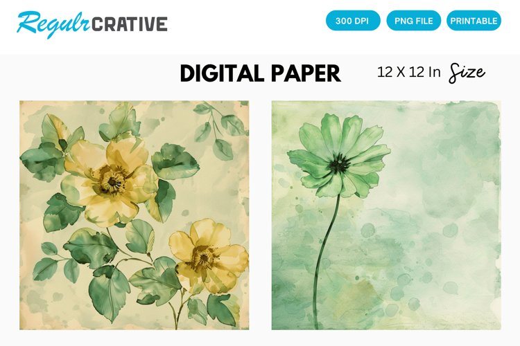 Vintage Watercolor Green Flower Digital Paper