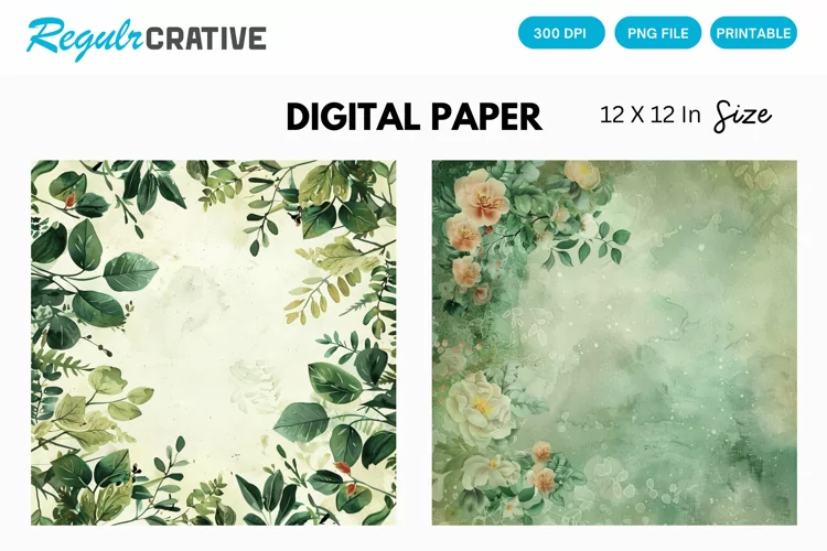 Vintage Watercolor Green Flower Digital Paper