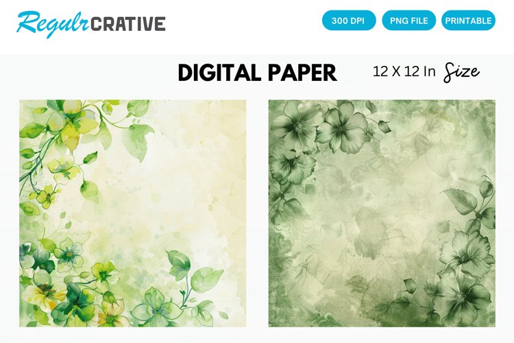 Vintage Watercolor Green Flower Digital Paper