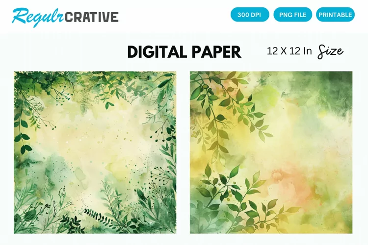 Vintage Watercolor Green Flower Digital Paper