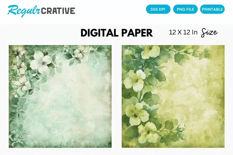 Vintage Watercolor Green Flower Digital Paper