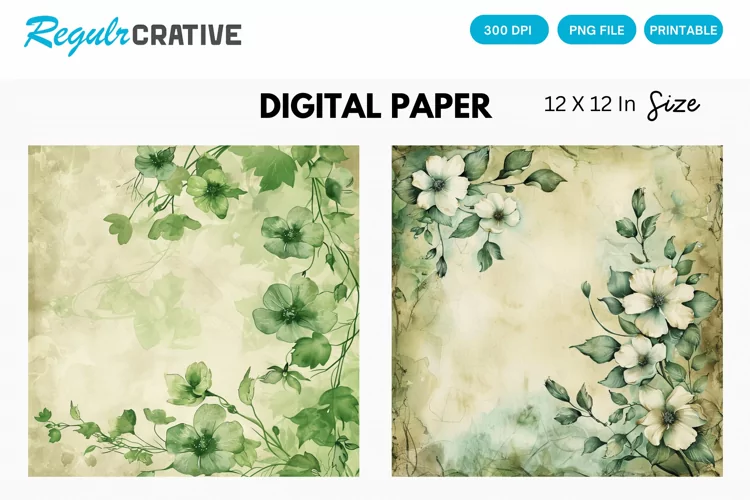 Vintage Watercolor Green Flower Digital Paper