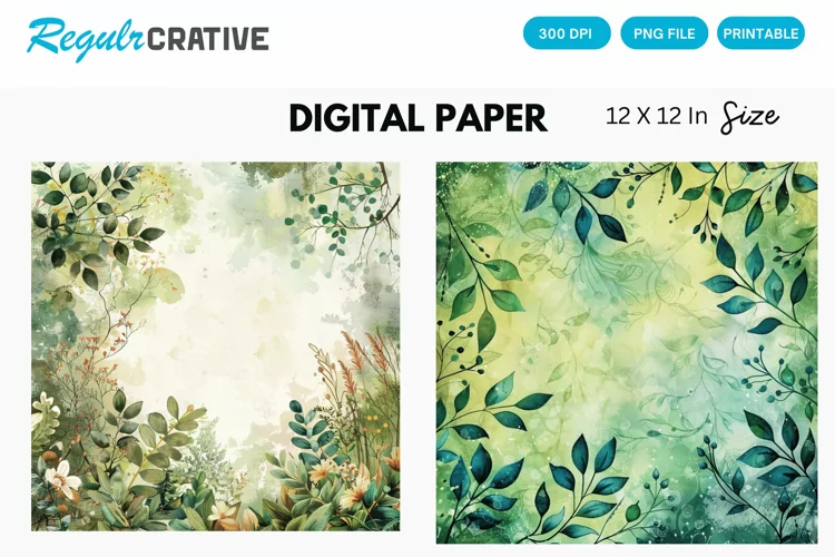 Vintage Watercolor Greenery Hippie Digital Paper