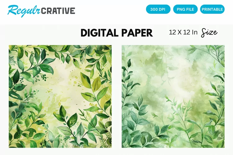 Vintage Watercolor Greenery Hippie Digital Paper