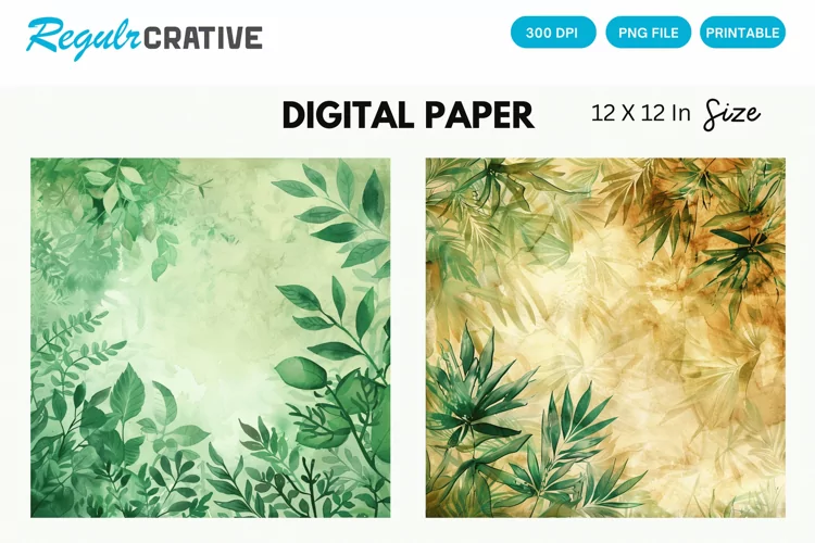 Vintage Watercolor Greenery Hippie Digital Paper