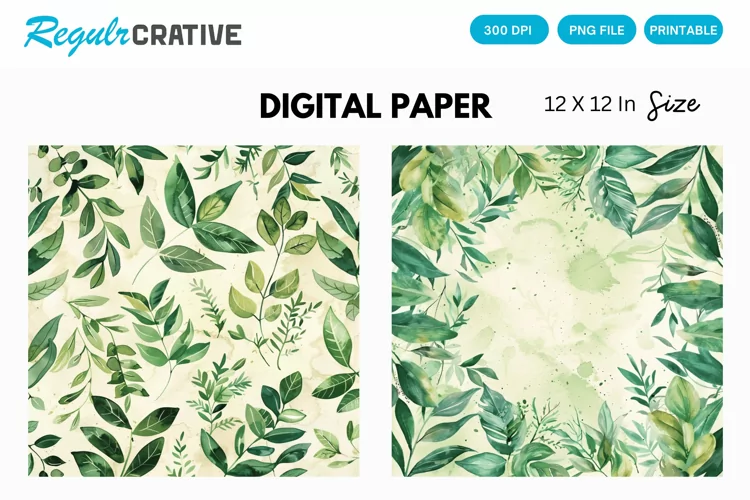 Vintage Watercolor Greenery Hippie Digital Paper