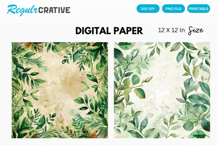 Vintage Watercolor Greenery Hippie Digital Paper