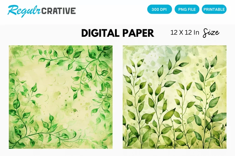 Vintage Watercolor Greenery Hippie Digital Paper