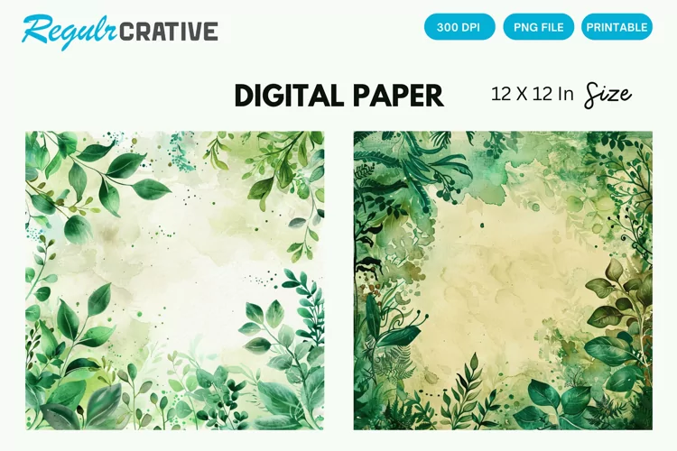Vintage Watercolor Greenery Hippie Digital Paper