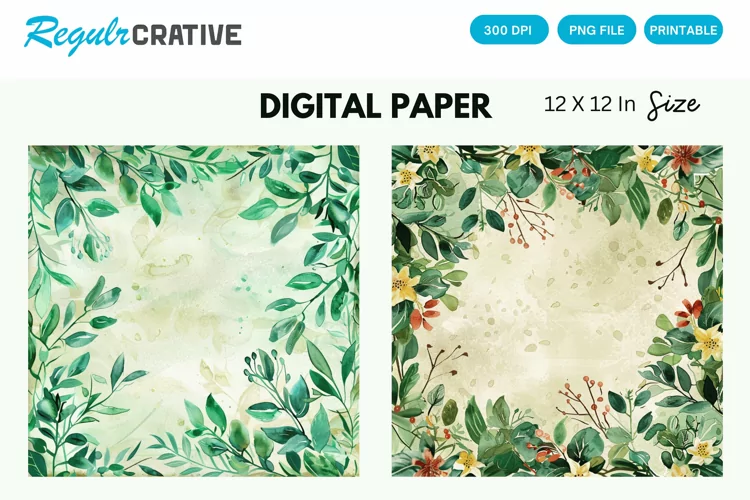 Vintage Watercolor Greenery Hippie Digital Paper