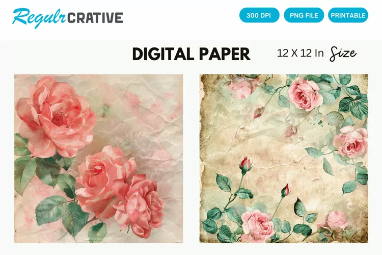 Vintage Watercolor Pink Roses Digital Paper