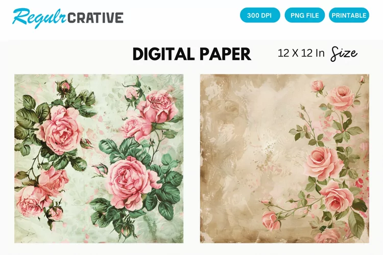 Vintage Watercolor Pink Roses Digital Paper
