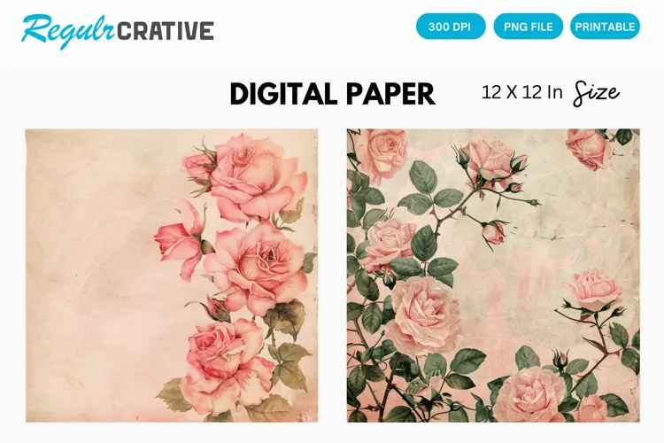 Vintage Watercolor Pink Roses Digital Paper