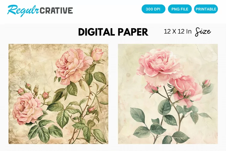 Vintage Watercolor Pink Roses Digital Paper