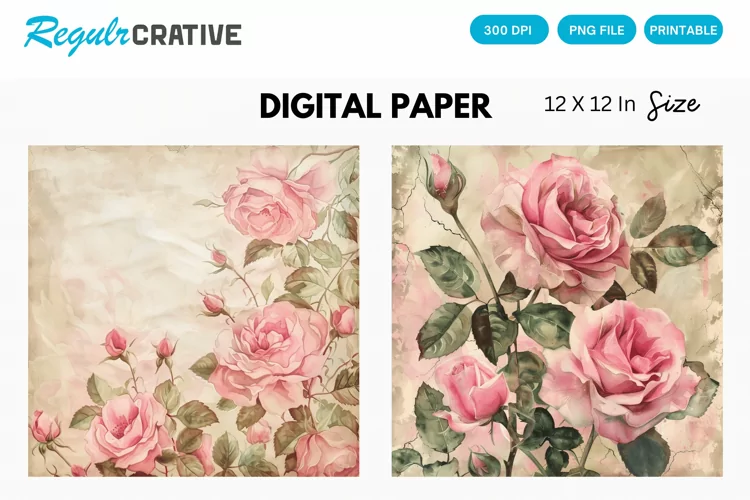 Vintage Watercolor Pink Roses Digital Paper