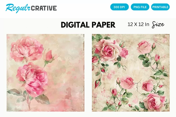 Vintage Watercolor Pink Roses Digital Paper