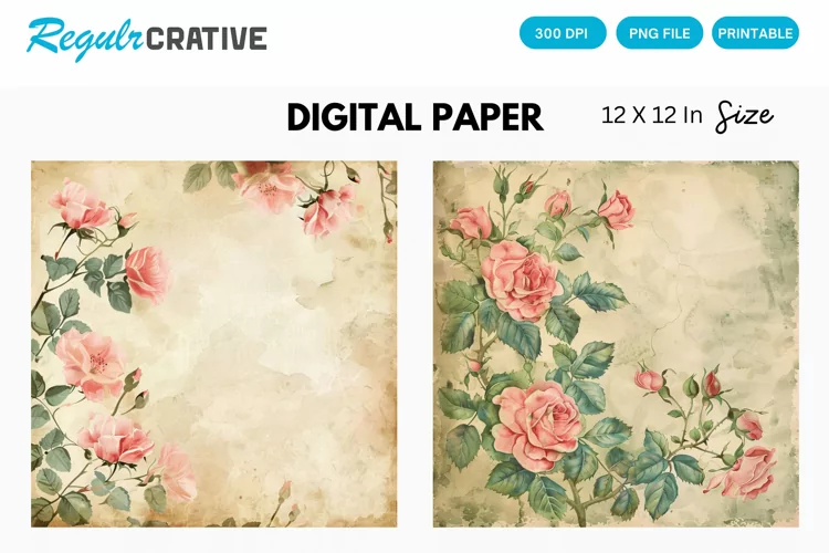 Vintage Watercolor Pink Roses Digital Paper