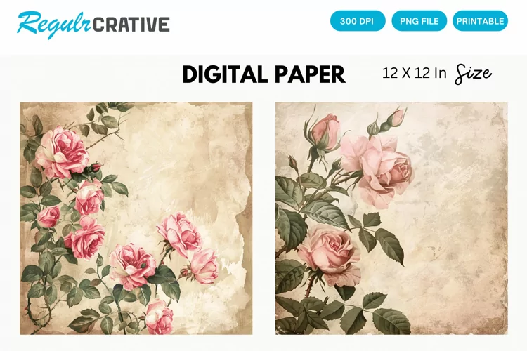 Vintage Watercolor Pink Roses Digital Paper