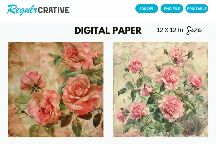 Vintage Watercolor Pink Roses Digital Paper
