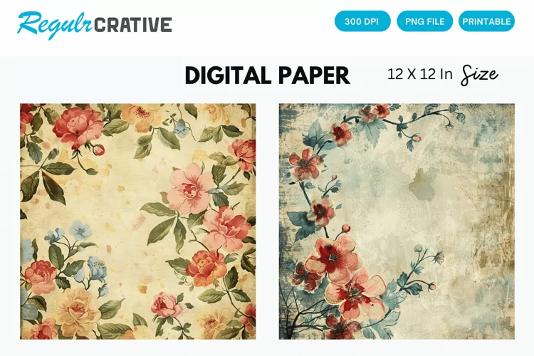 Vintage Watercolor Pink Roses Digital Paper