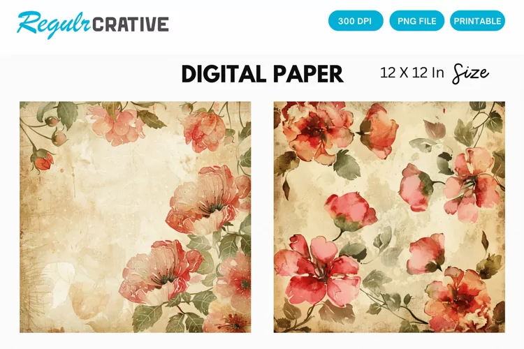 Vintage Watercolor Pink Roses Digital Paper