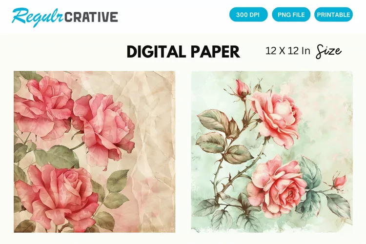 Vintage Watercolor Roses Digital Paper, Watercolor Roses PNG
