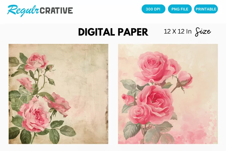 Vintage Watercolor Roses Digital Paper, Watercolor Roses PNG
