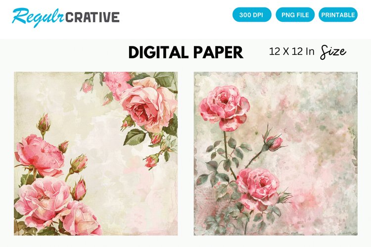 Vintage Watercolor Roses Digital Paper, Watercolor Roses PNG