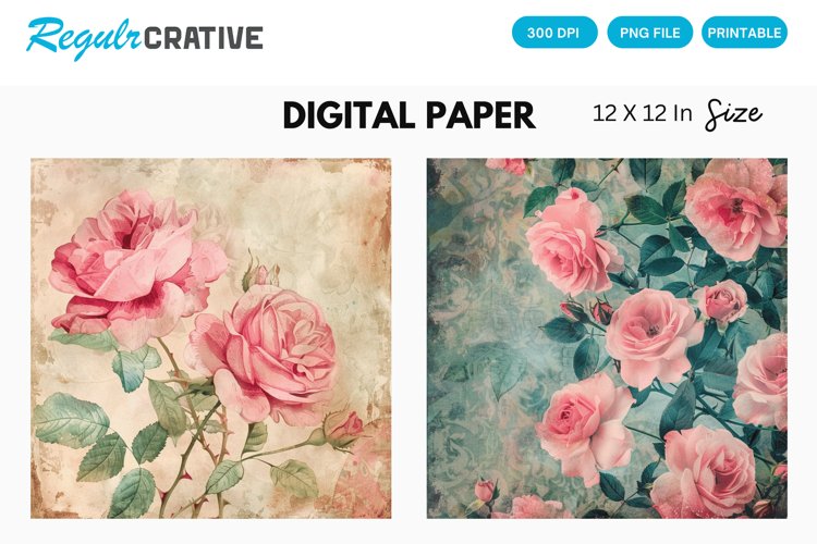 Vintage Watercolor Roses Digital Paper, Watercolor Roses PNG