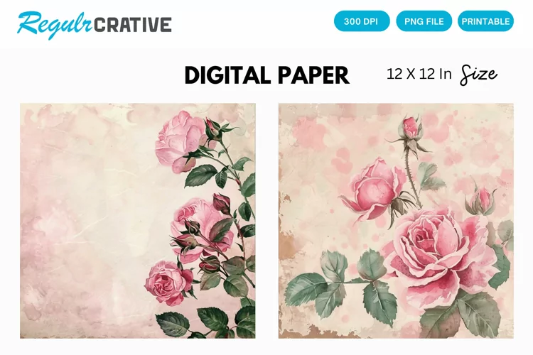 Vintage Watercolor Roses Digital Paper, Watercolor Roses PNG