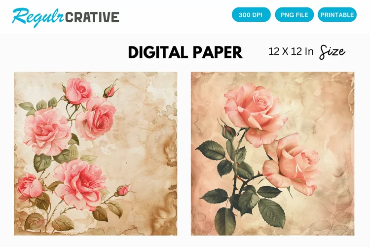 Vintage Watercolor Roses Digital Paper, Watercolor Roses PNG