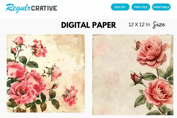 Vintage Watercolor Roses Digital Paper, Watercolor Roses PNG