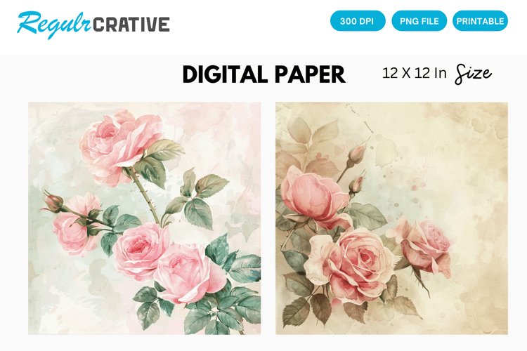 Vintage Watercolor Roses Digital Paper, Watercolor Roses PNG