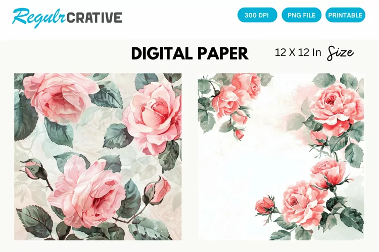 Vintage Watercolor Roses Digital Paper, Watercolor Roses PNG