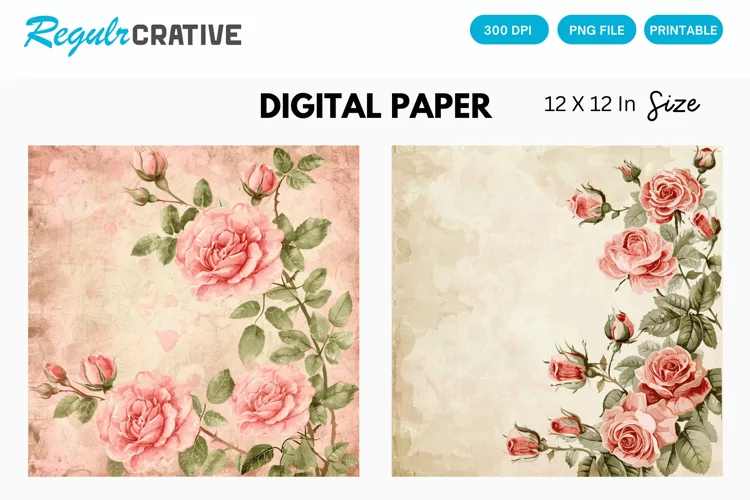 Vintage Watercolor Roses Digital Paper, Watercolor Roses PNG