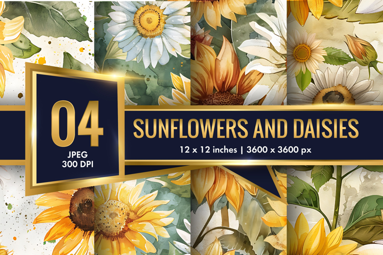 vintage watercolor sunflowers and daisies Digital Paper