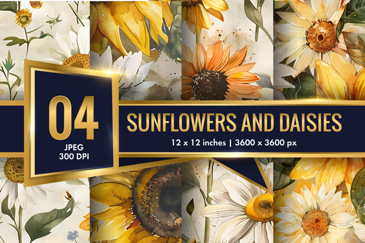 vintage watercolor sunflowers and daisies Digital Paper