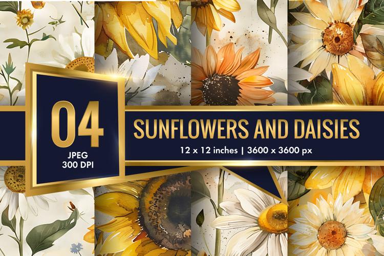 vintage watercolor sunflowers and daisies Digital Paper