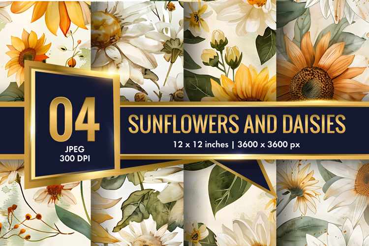 vintage watercolor sunflowers and daisies Digital Paper