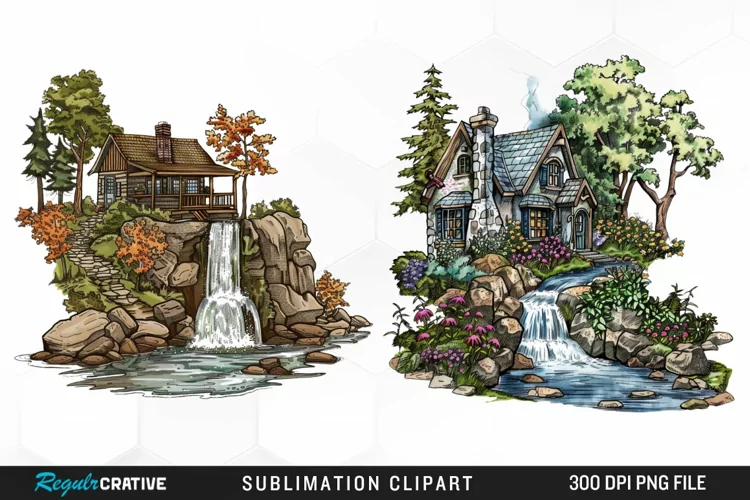 Vintage Waterfall Cottage Sublimation Clipart