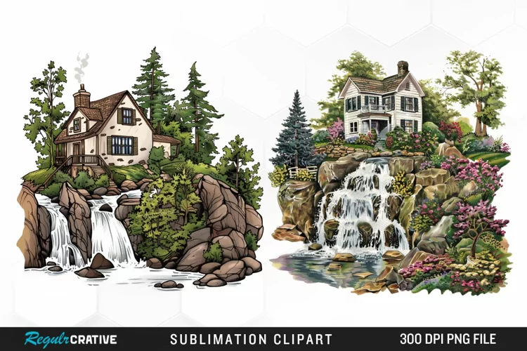 Vintage Waterfall Cottage Art Clipart