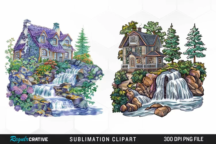 Vintage Waterfall Cottage Sublimation Clipart