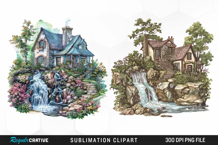 Vintage Waterfall Cottage Sublimation Clipart