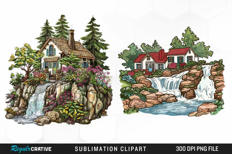Vintage Waterfall Cottage Sublimation Clipart